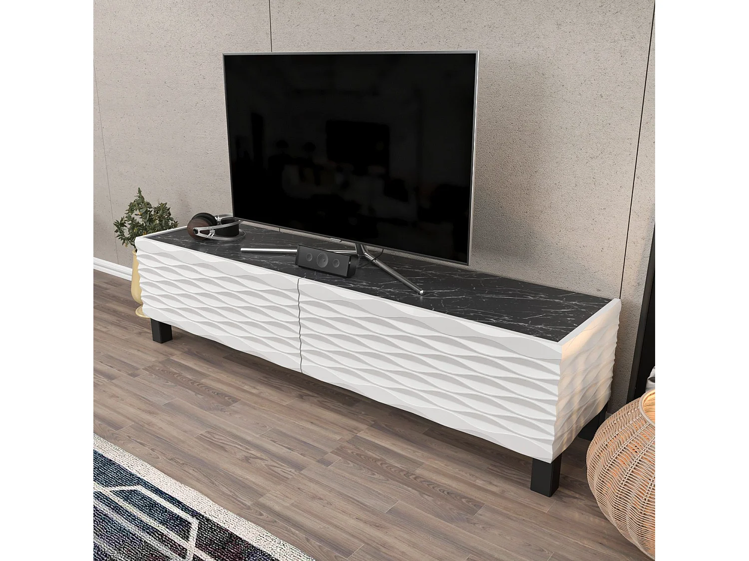 Meuble TV design 2 portes basculantes Vanoise 149cm Blanc et Noir effet marbre
