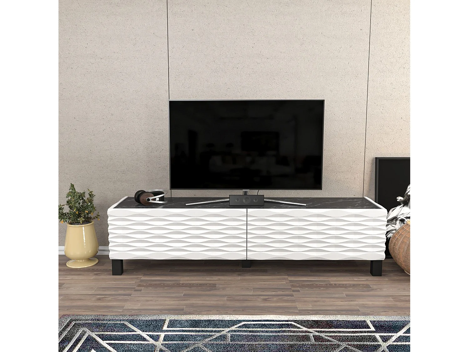 Meuble TV design 2 portes basculantes Vanoise 149cm Blanc et Noir effet marbre