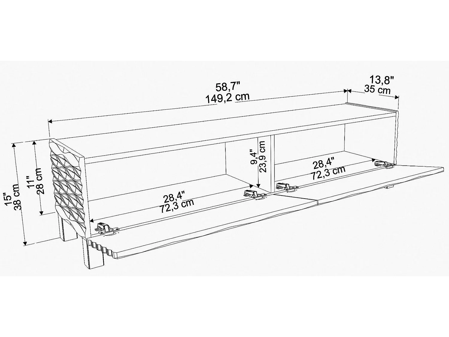 Meuble TV design 2 portes basculantes Vanoise 149cm Blanc et Noir effet marbre