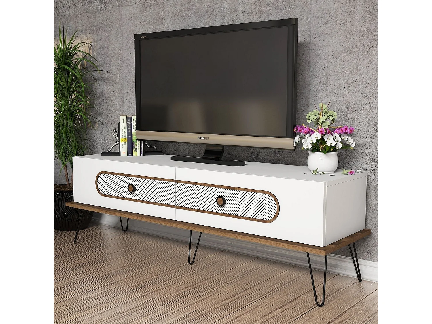 Mueble de TV moderno – 145 x 45 x 40 cm – Blanco – Tablero de partículas revestido de melamina