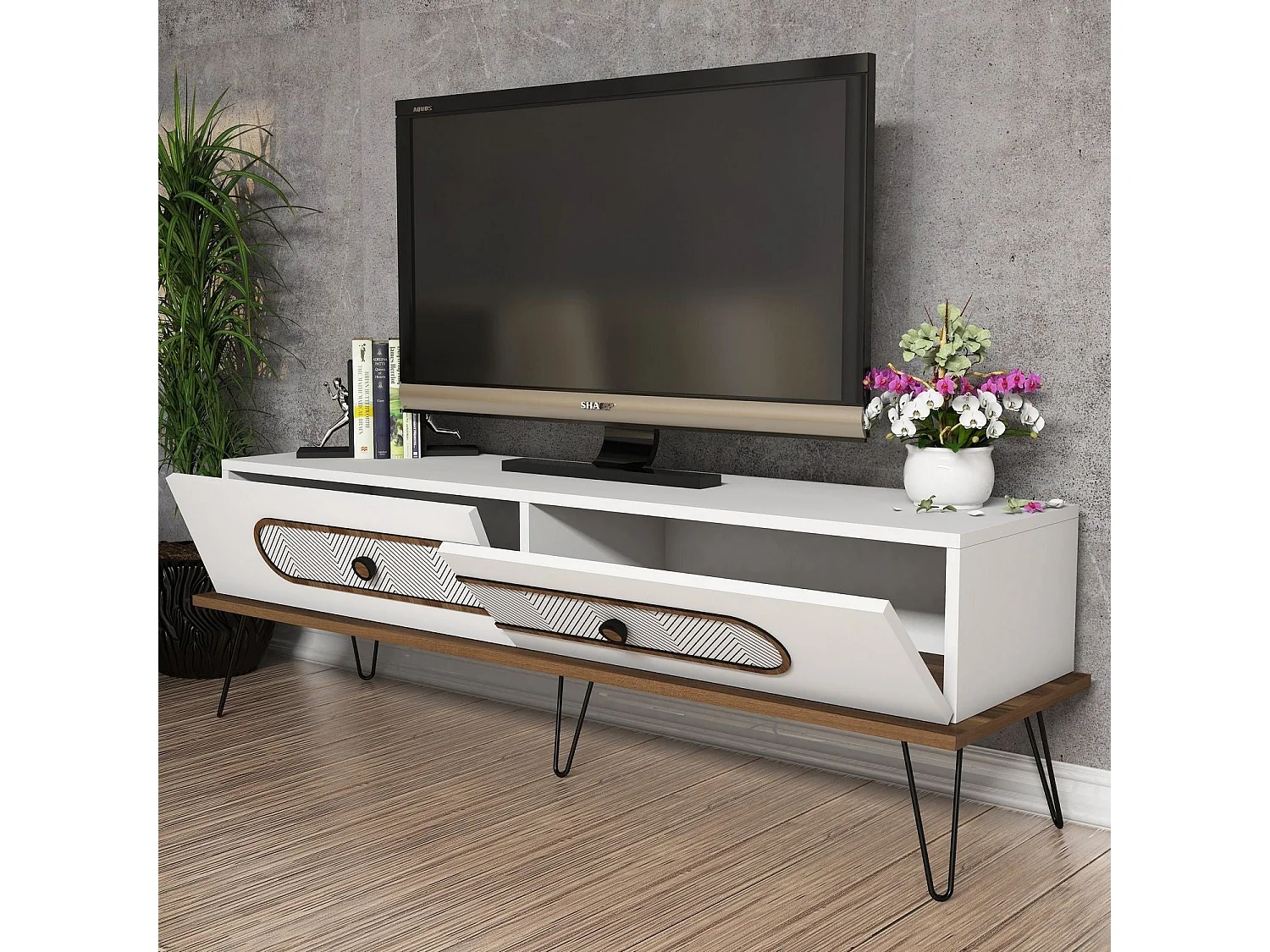 Mueble de TV moderno – 145 x 45 x 40 cm – Blanco – Tablero de partículas revestido de melamina