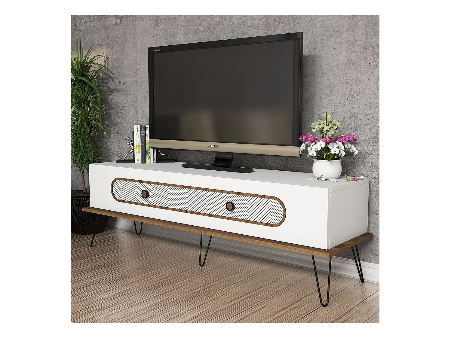 Meuble TV Dover L145cm Bois foncé et Blanc