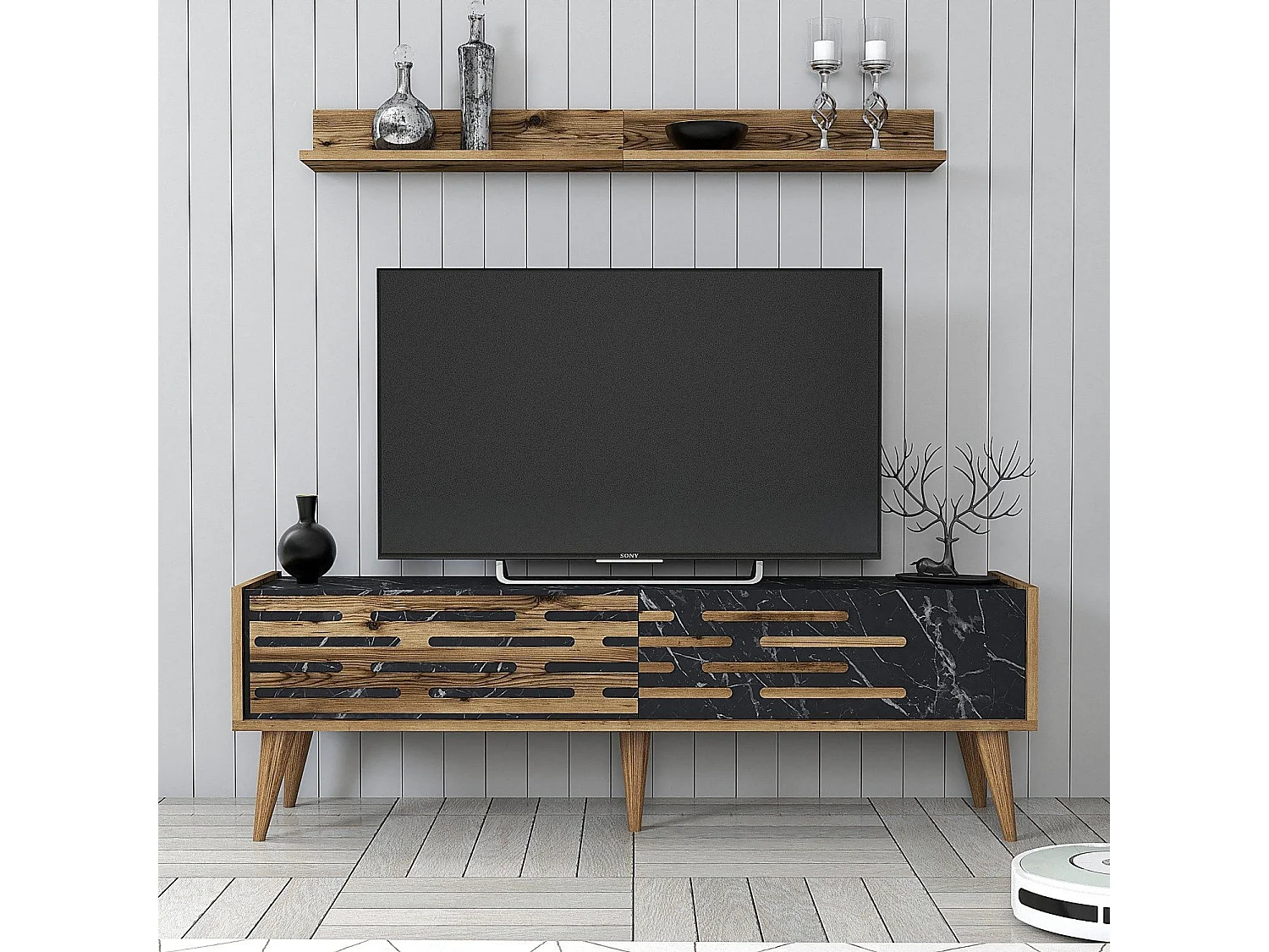 Elegante mueble de TV – 140 cm – nogal y negro – melamina
