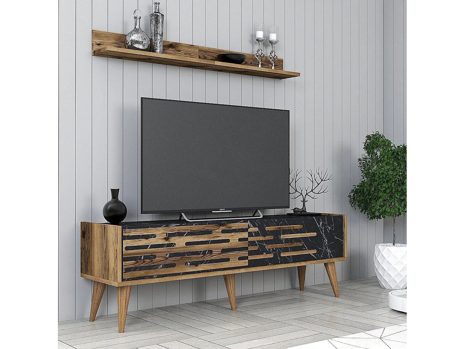Eleganter TV-Ständer – 140 cm – Walnuss und Schwarz – Melamin