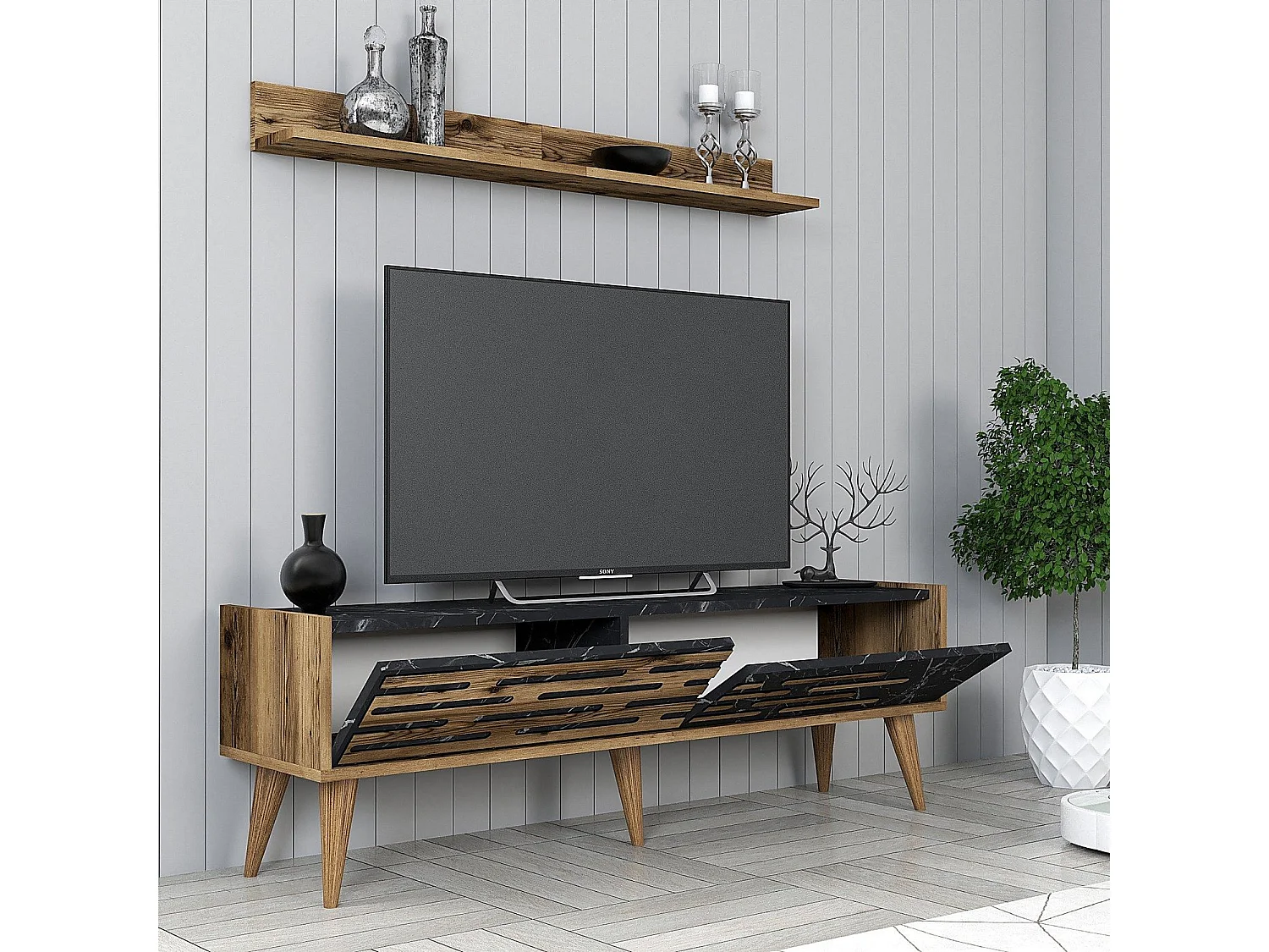 Eleganter TV-Ständer – 140 cm – Walnuss und Schwarz – Melamin