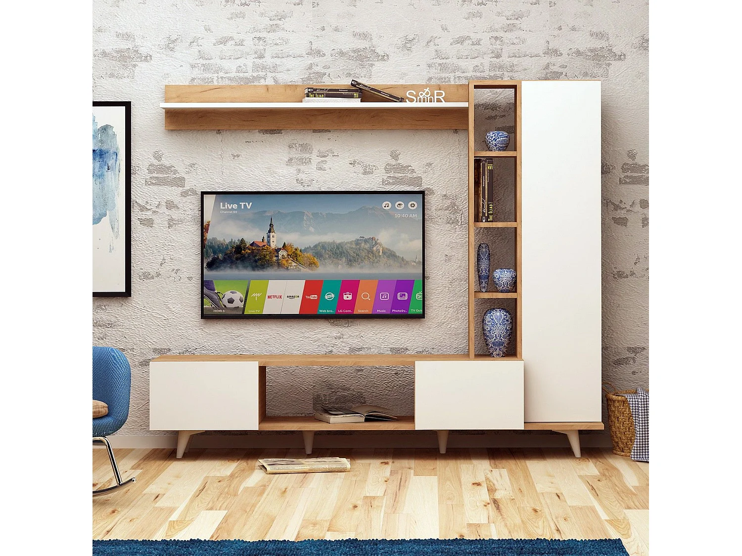 Mueble de TV moderno – 170 x 37 x 37 cm – Roble y blanco – Melamina
