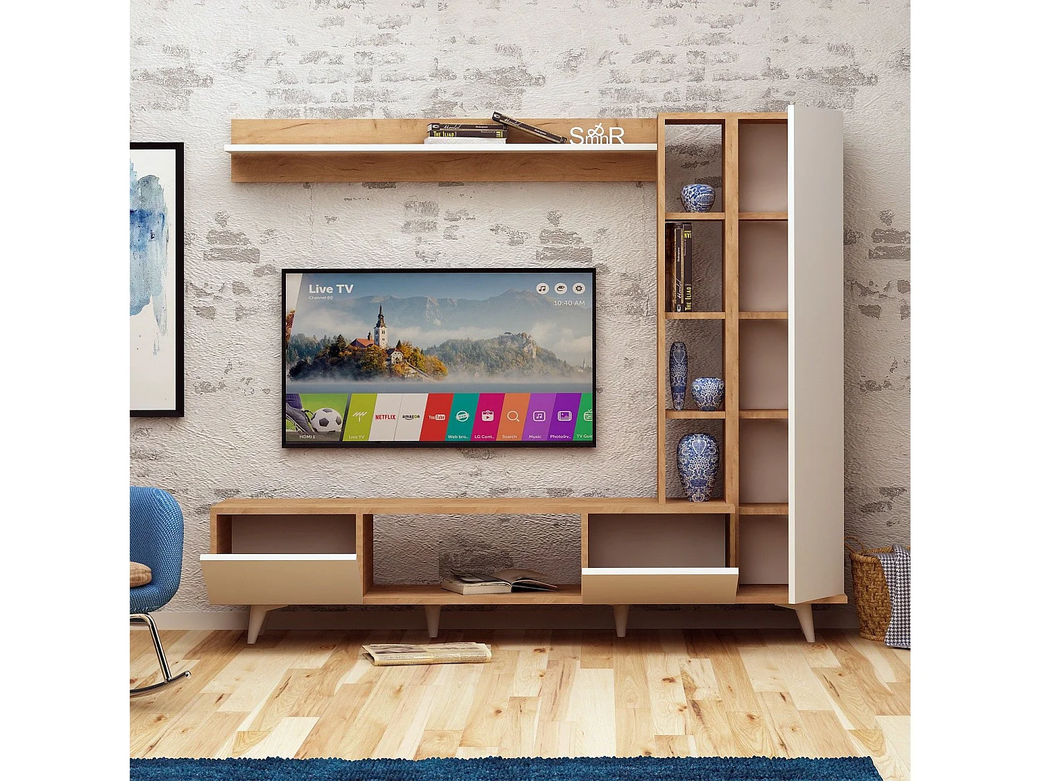 Mueble de TV moderno – 170 x 37 x 37 cm – Roble y blanco – Melamina