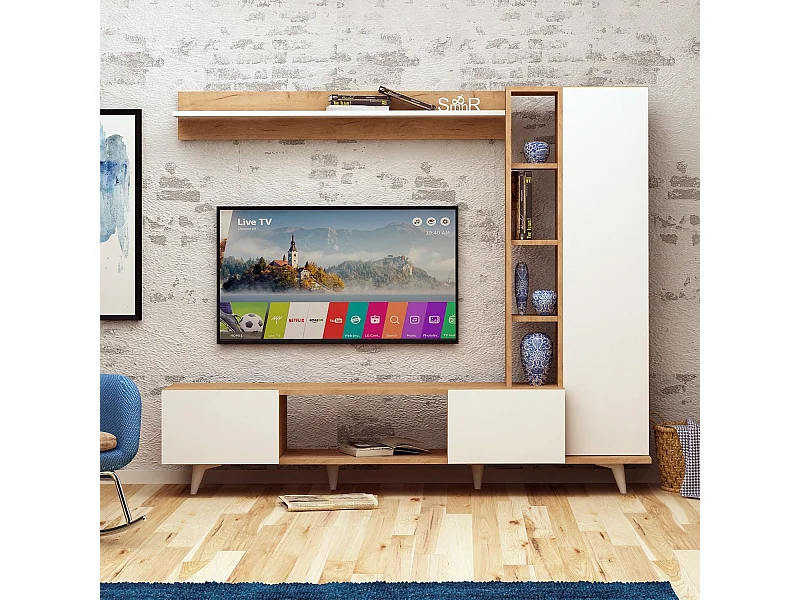 Moderner TV-Ständer – 170 x 37 x 37 cm – Eiche und Weiß – Melamin