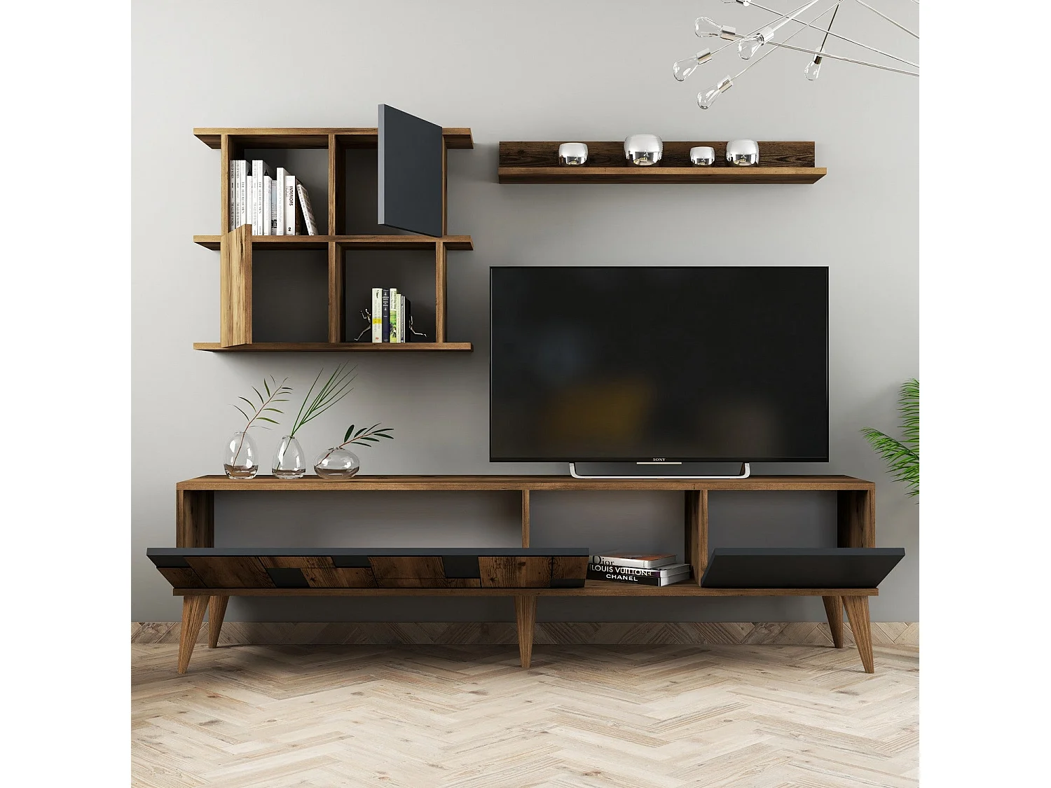 Mobile TV moderno – 180 cm – Noce e Antracite – Melaminico