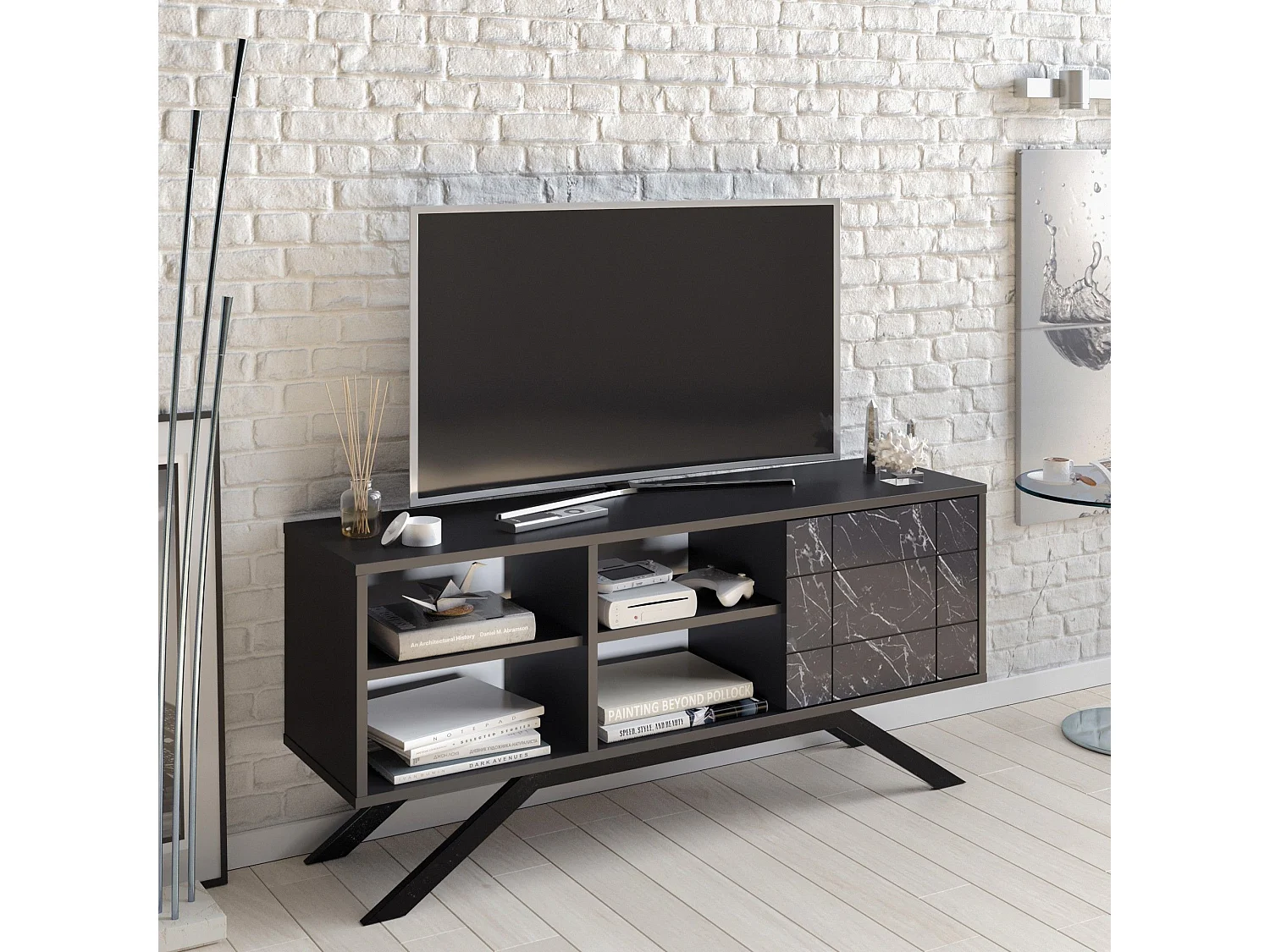 Mueble de TV moderno – 130 cm – negro y mármol – tablero de partículas revestido de melamina