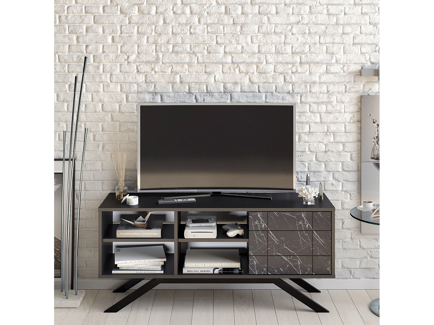 Mueble de TV moderno – 130 cm – negro y mármol – tablero de partículas revestido de melamina
