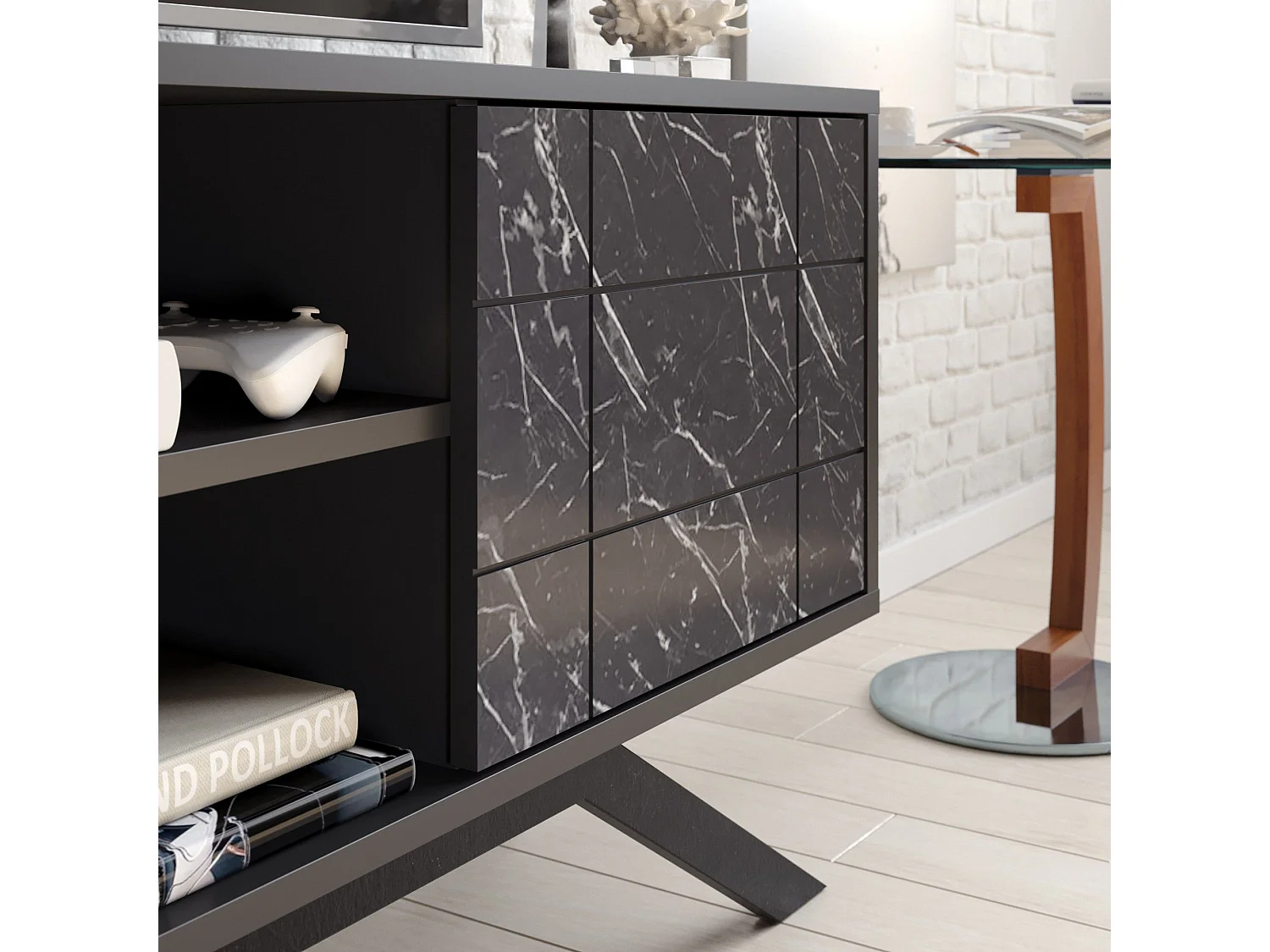 Mueble de TV moderno – 130 cm – negro y mármol – tablero de partículas revestido de melamina