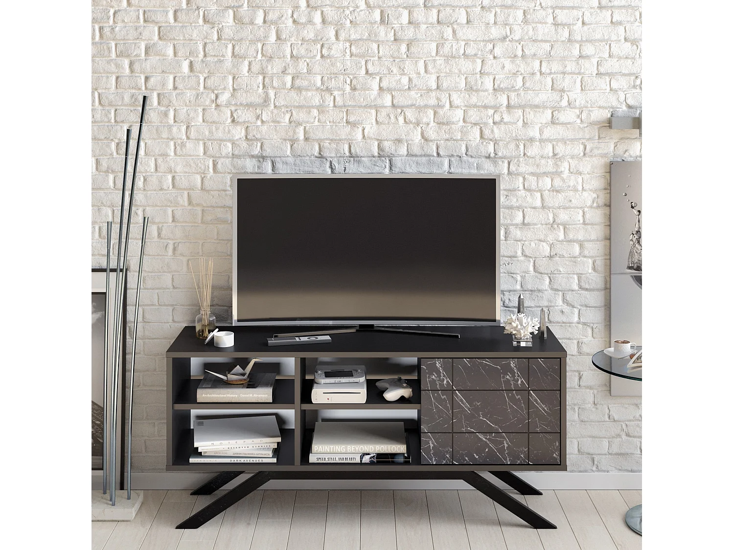 Mueble de TV moderno – 130 cm – negro y mármol – tablero de partículas revestido de melamina