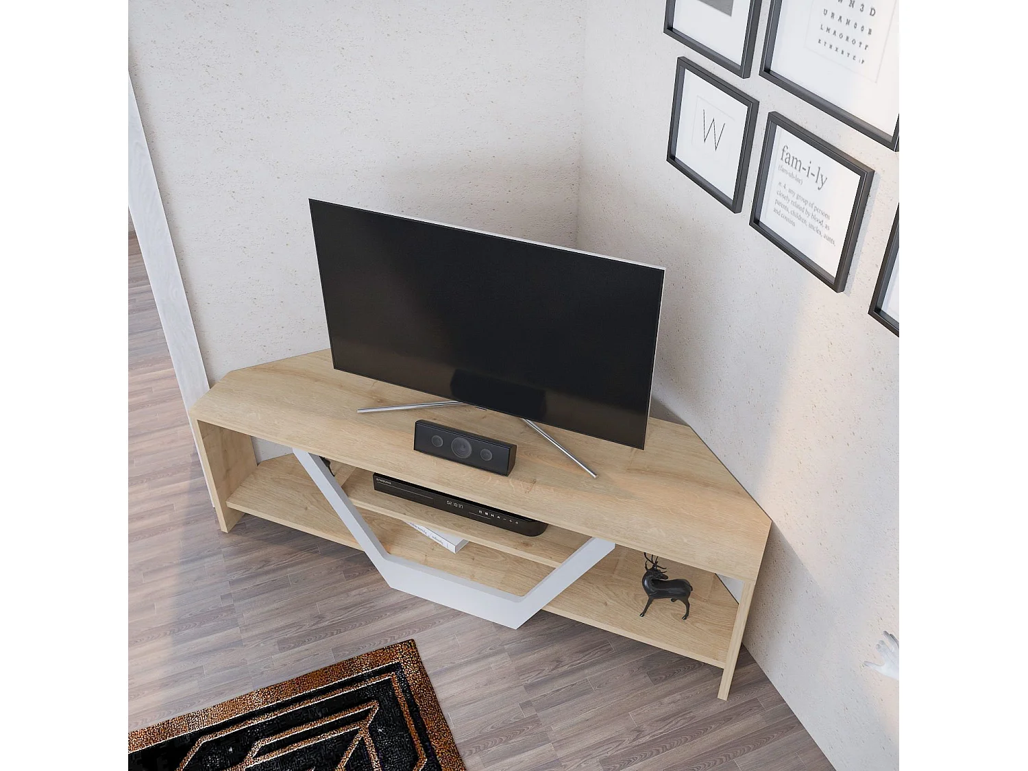 Scandinavische tv-standaard, wit en eiken, 120 x 35 x 36,8 cm | 100% melamine gecoate spaanplaat, 18 mm dik | Stijlvol en functioneel voor moderne woonkamers
