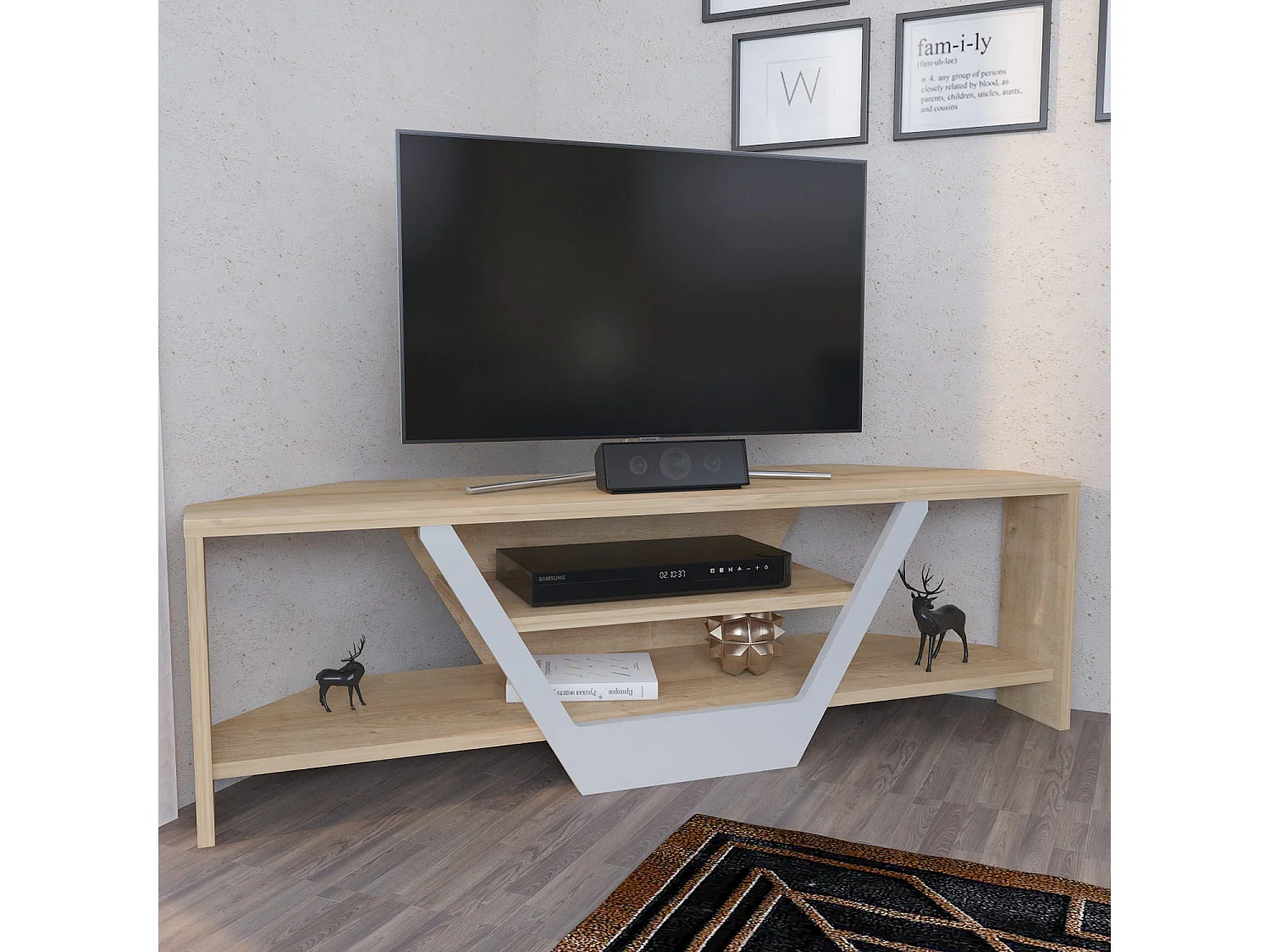 Scandinavische tv-standaard, wit en eiken, 120 x 35 x 36,8 cm | 100% melamine gecoate spaanplaat, 18 mm dik | Stijlvol en functioneel voor moderne woonkamers