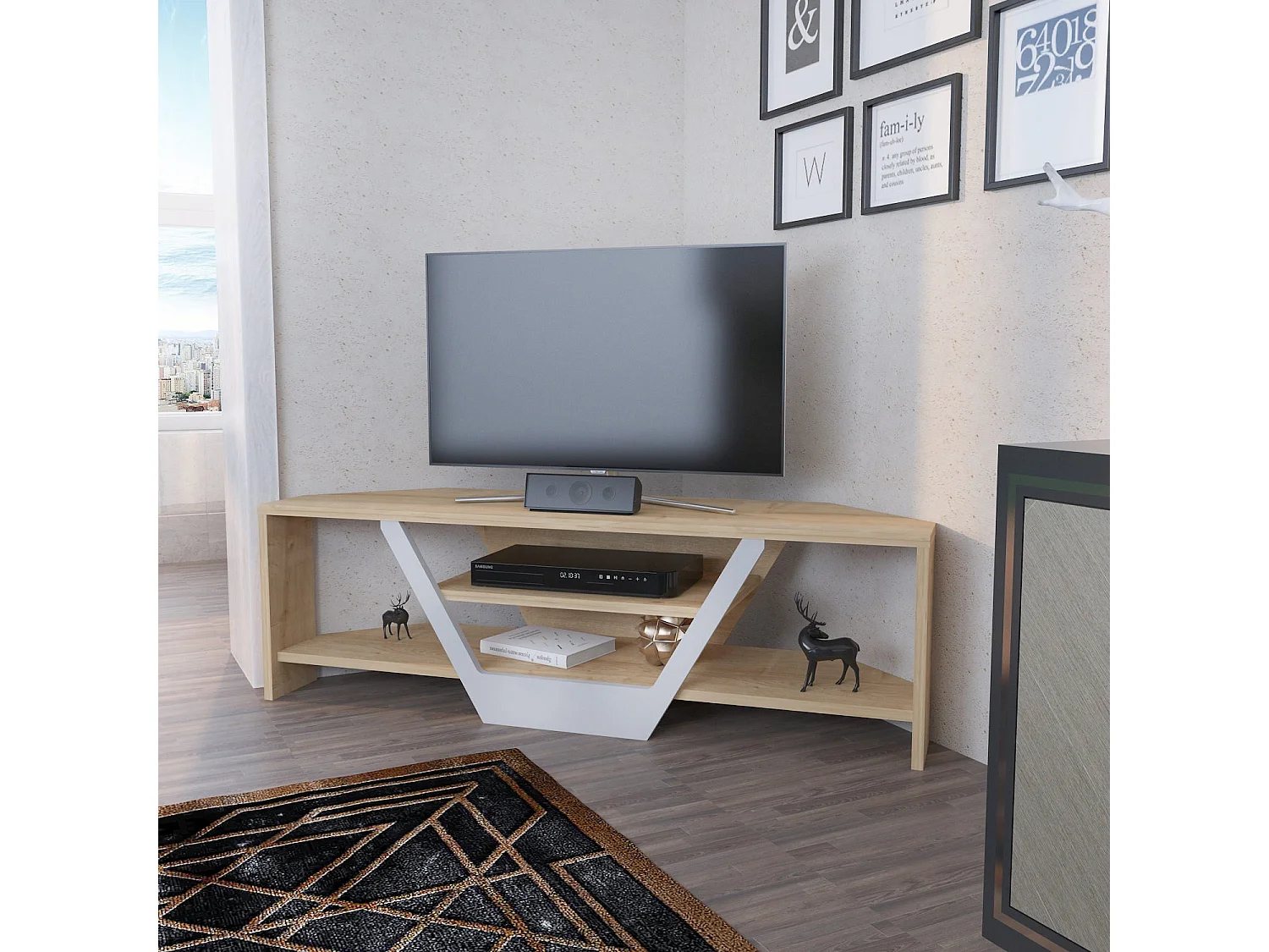 Scandinavische tv-standaard, wit en eiken, 120 x 35 x 36,8 cm | 100% melamine gecoate spaanplaat, 18 mm dik | Stijlvol en functioneel voor moderne woonkamers