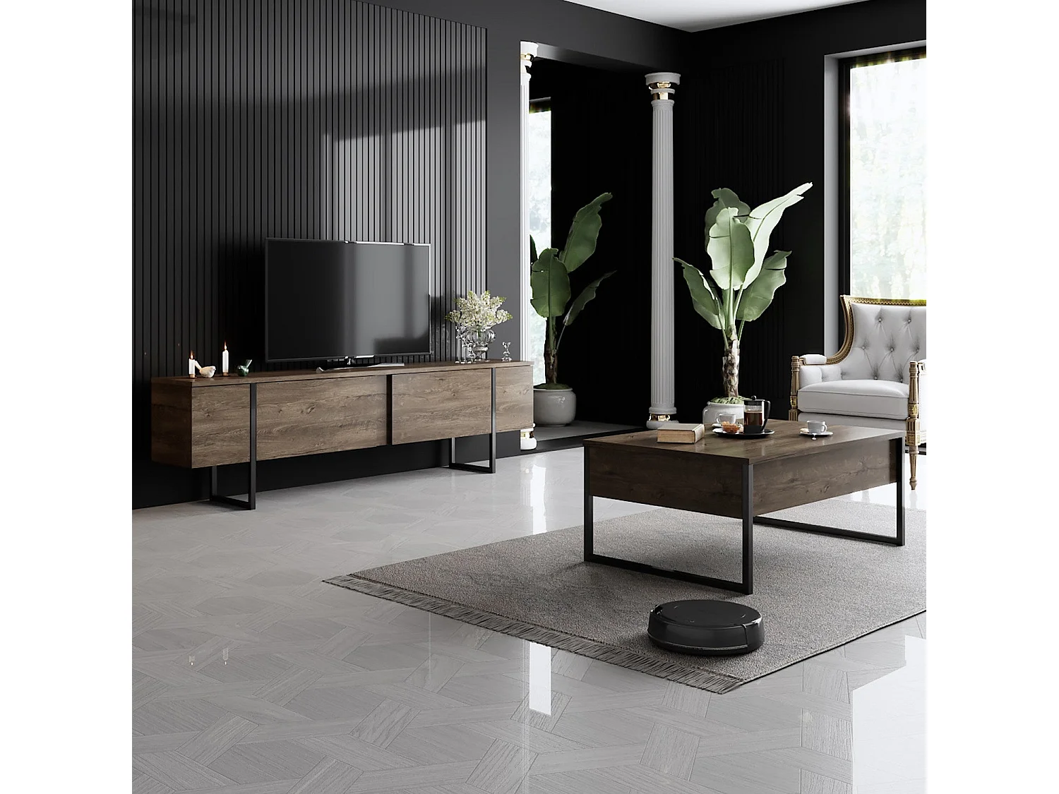 Mesa de tv Kailua Z100, Negro|Nogal, Número de puertas: 2.00, 180x50x30cm