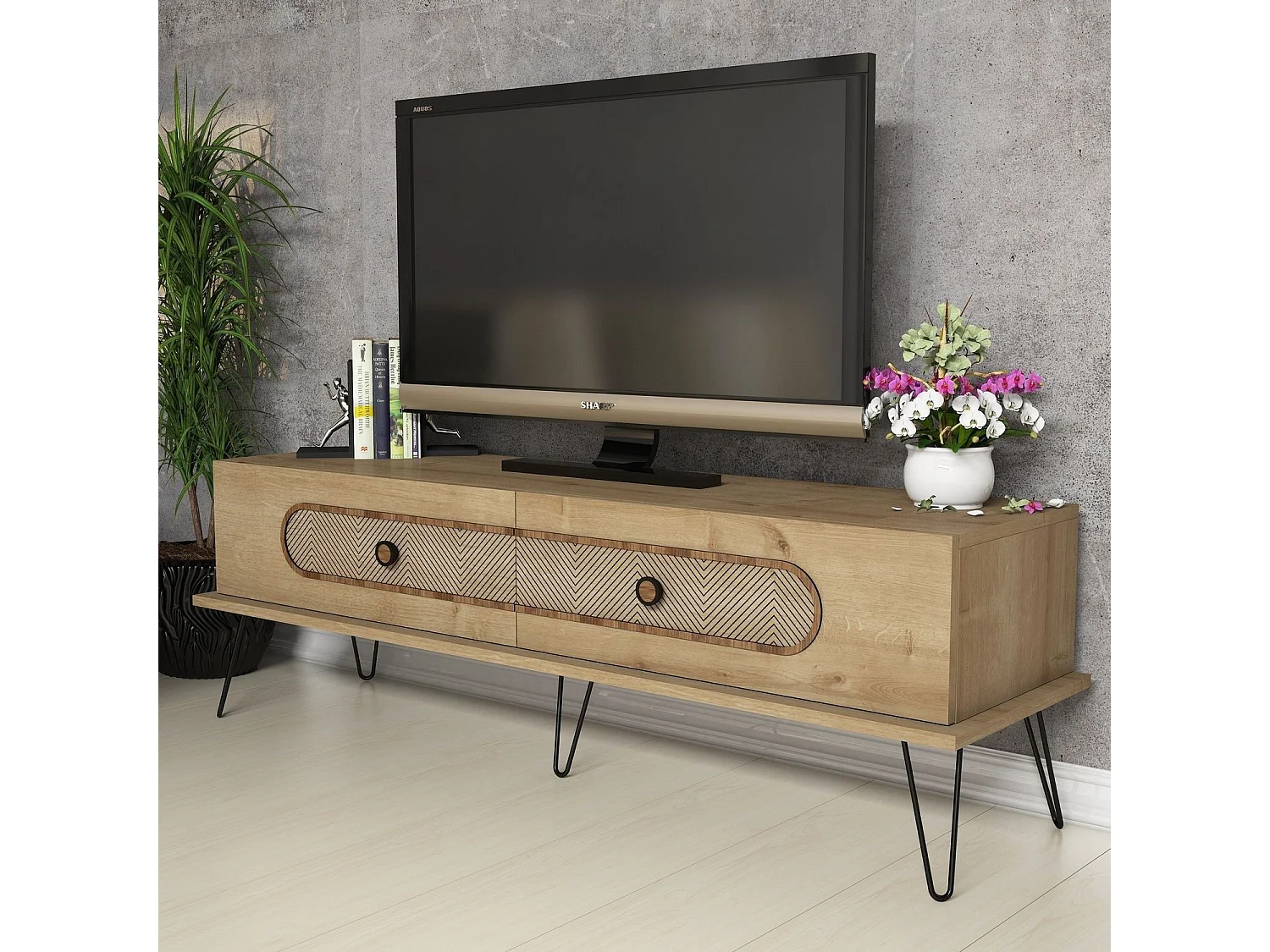 Moderner TV-Ständer – 145 x 45 x 40 cm – Eichenfarbe – Melamin