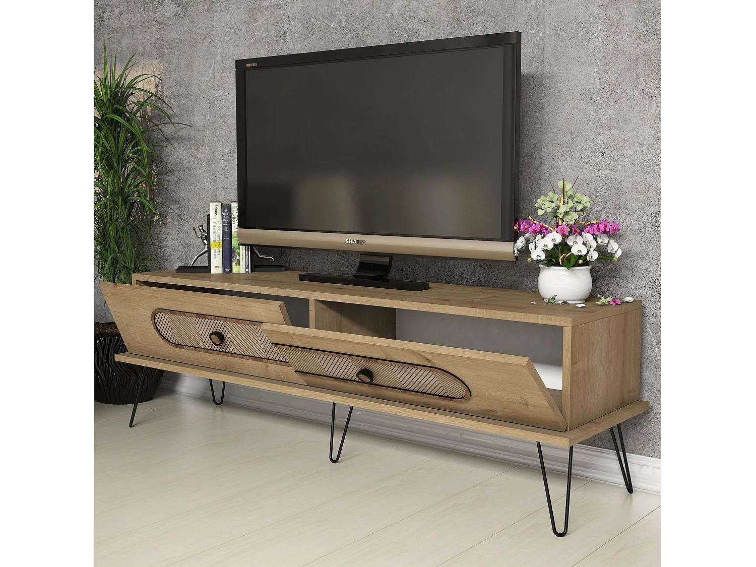 Moderner TV-Ständer – 145 x 45 x 40 cm – Eichenfarbe – Melamin