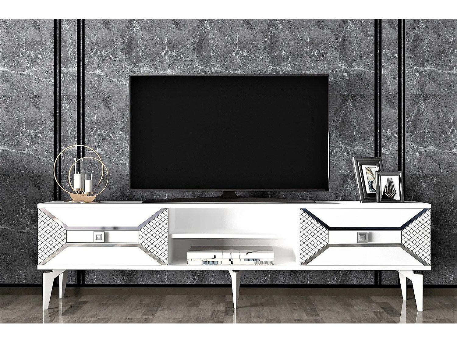 Mesa de tv Kailua 1862, Blanco|Plata, 150x50x30cm