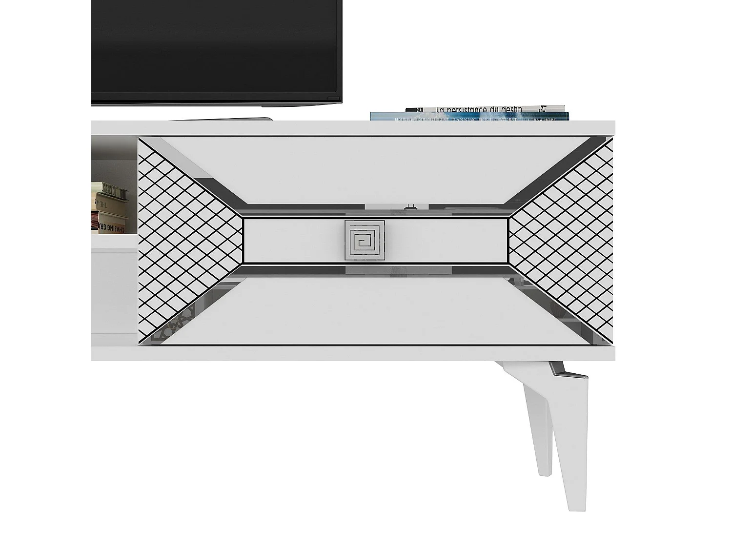 Mesa de tv Kailua 1862, Blanco|Plata, 150x50x30cm