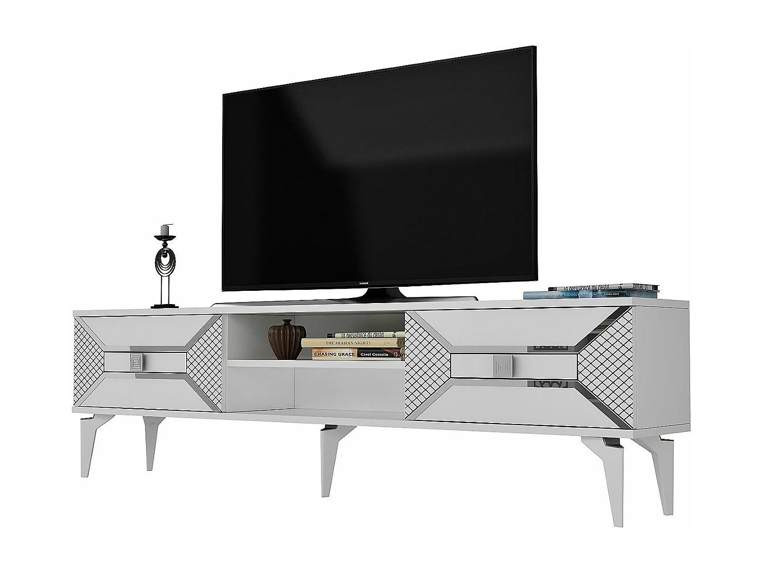 Mesa de tv Kailua 1862, Blanco|Plata, 150x50x30cm
