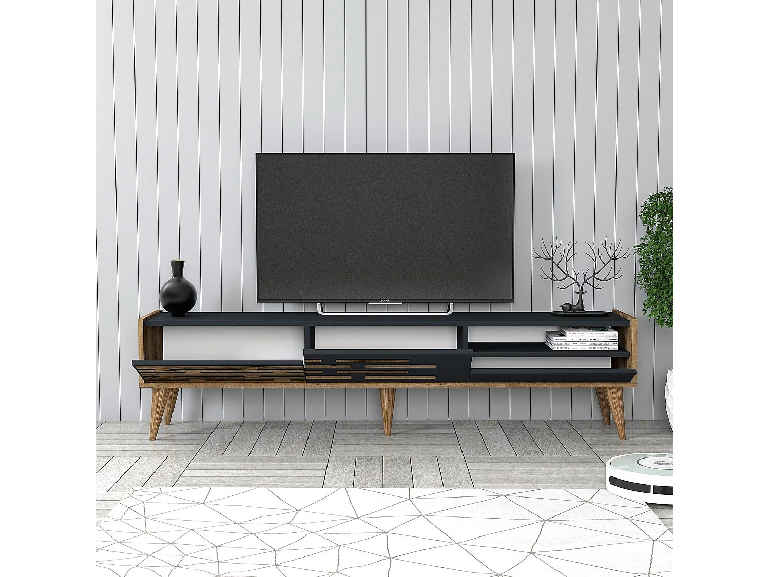 Móvel de TV – 180 x 35 x 45 cm – Nogueira e antracite – Painéis de partículas revestidos a melamina