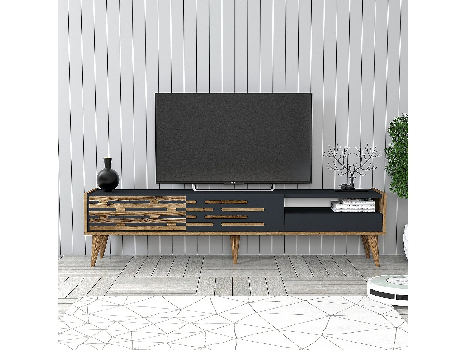 TV-meubel – 180 x 35 x 45 cm – Notenhout en antraciet – Melamine gecoate spaanplaat