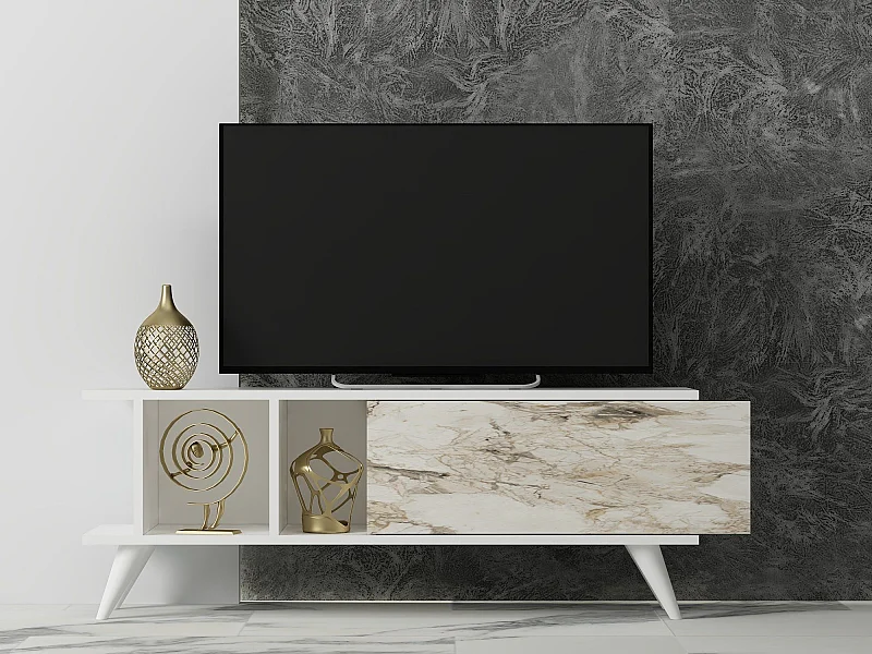 Mesa de tv Kailua 1952, Mármol blanco|Blanco, 120x45x30cm