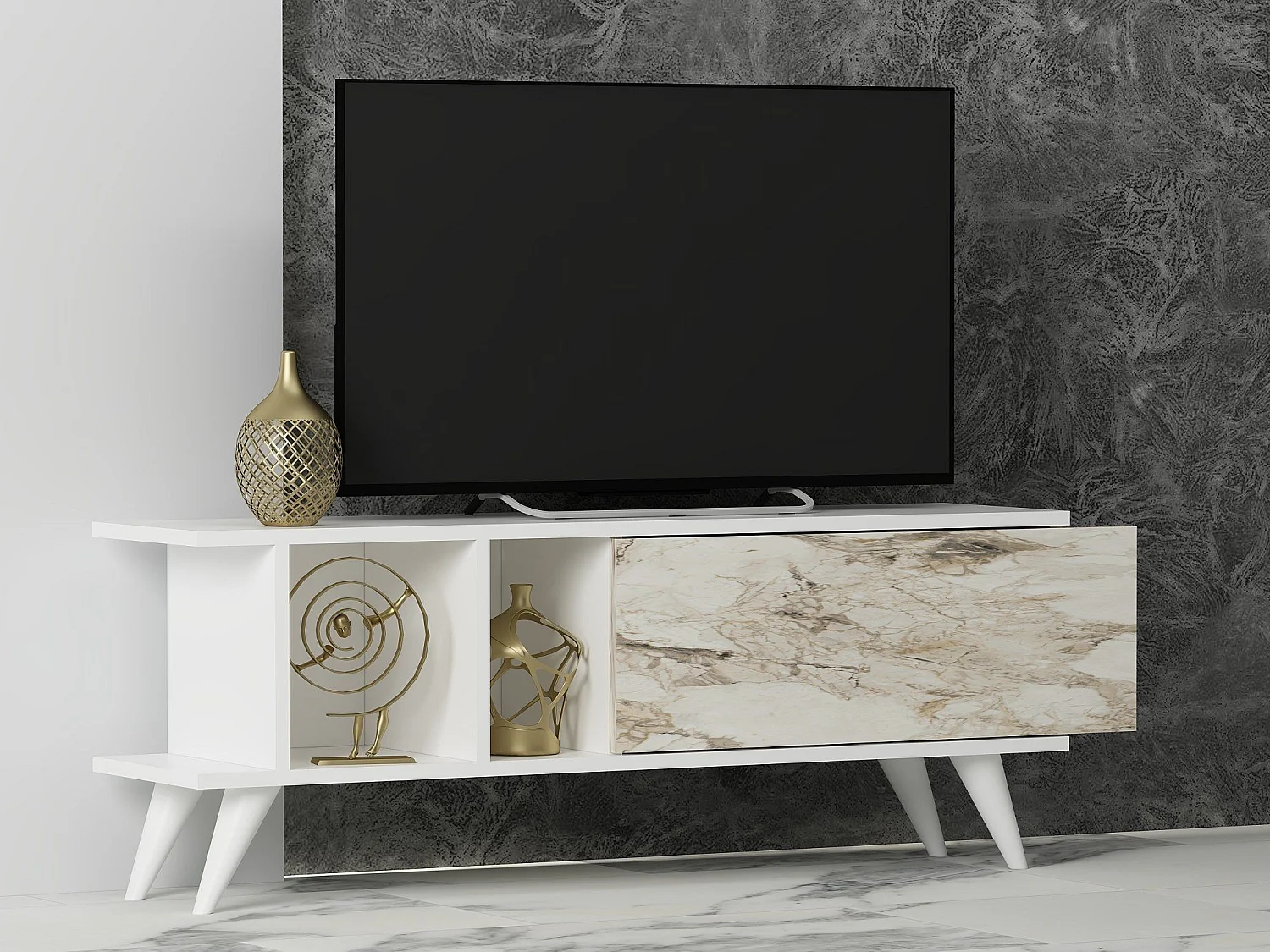 TV-Ständer – 120 cm x 30 cm x 45 cm – Weiß und Marmor – MDF