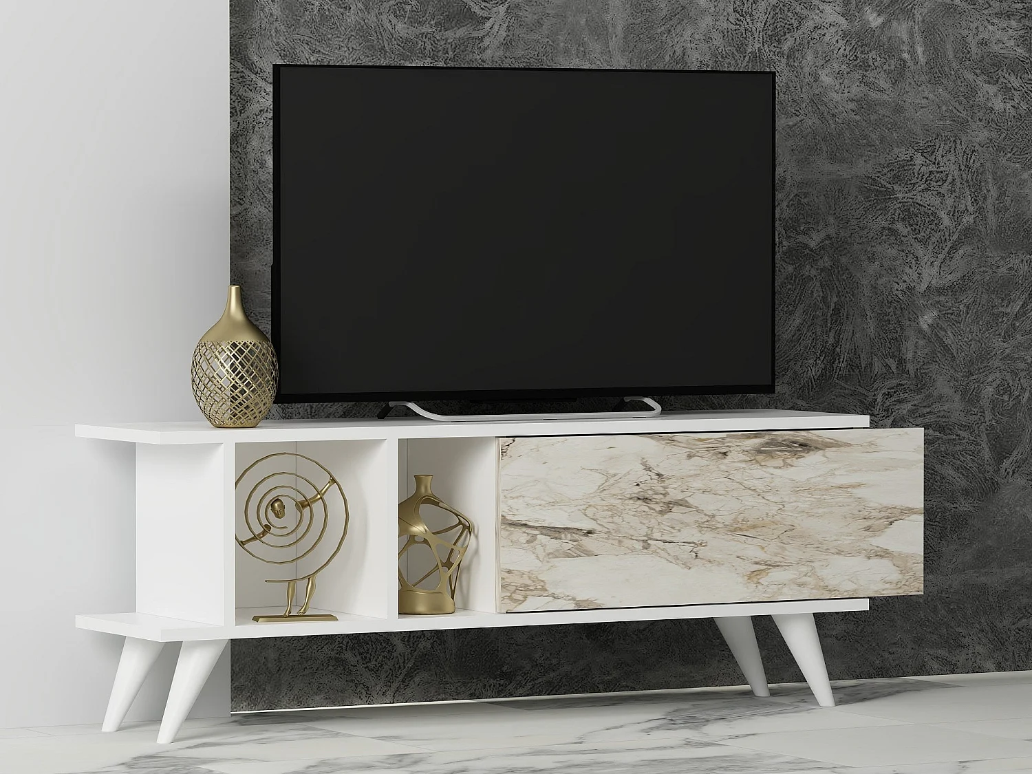 TV-Ständer – 120 cm x 30 cm x 45 cm – Weiß und Marmor – MDF