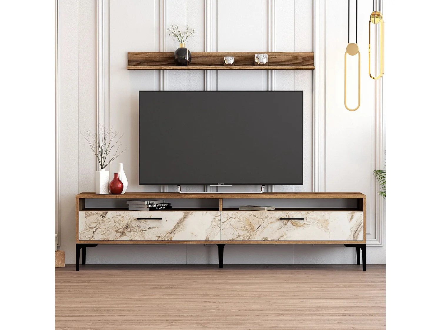 Mueble de TV moderno – 180 x 47 x 35 cm – nogal y blanco – melamina