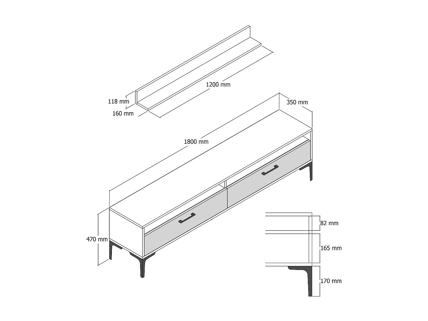 Mueble de TV moderno – 180 x 47 x 35 cm – nogal y blanco – melamina