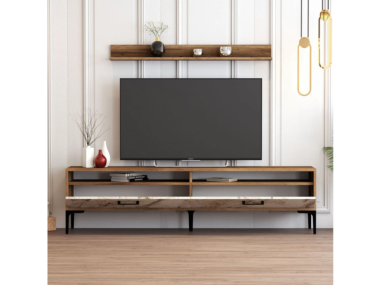 Moderner TV-Ständer – 180 x 47 x 35 cm – Walnuss und Weiß – Melamin