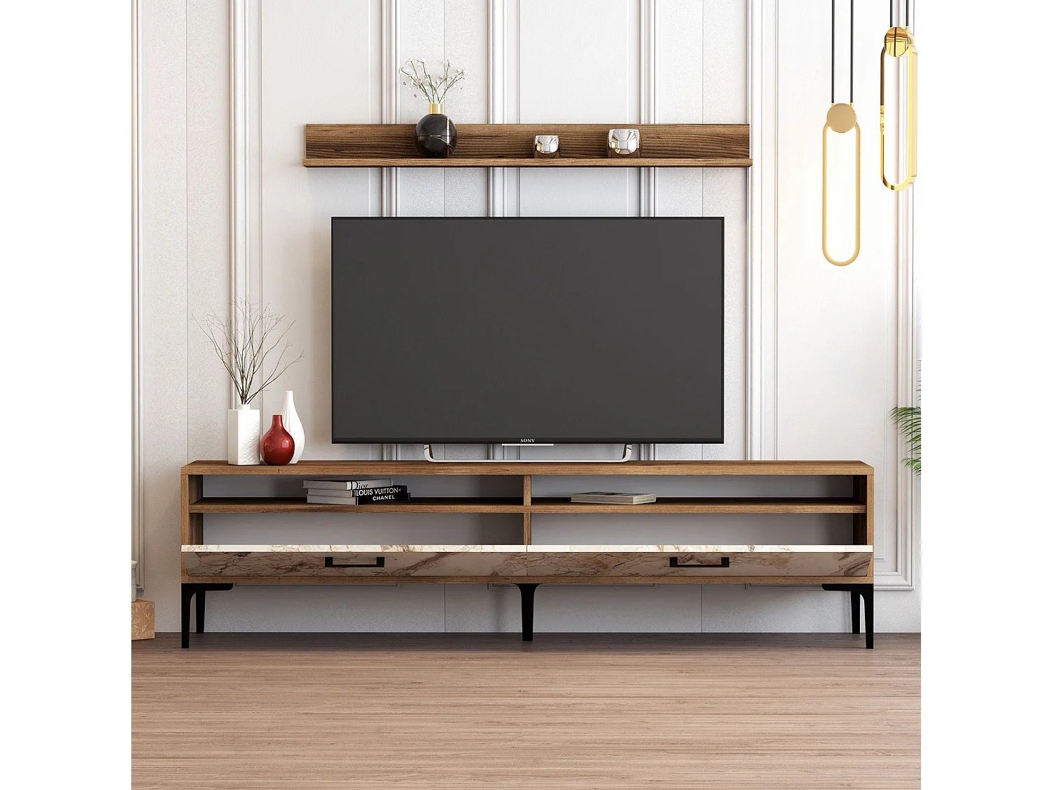 Moderner TV-Ständer – 180 x 47 x 35 cm – Walnuss und Weiß – Melamin