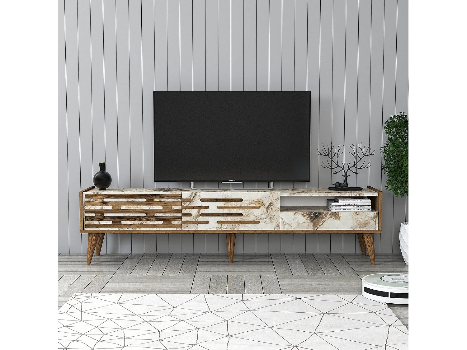 Eleganter TV-Ständer – 180 x 35 x 45 cm – Walnuss und Weiß – Melamin