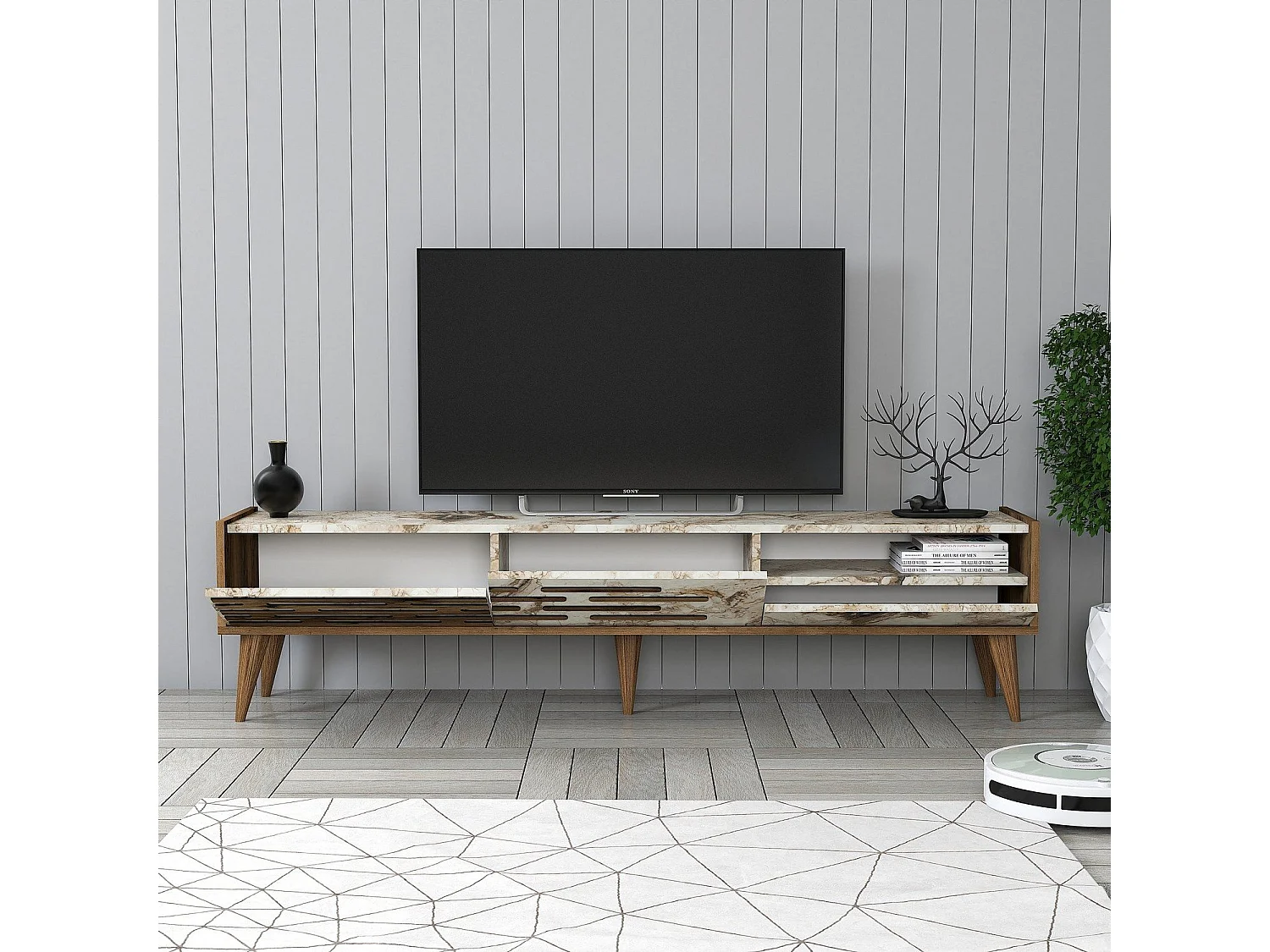 Eleganter TV-Ständer – 180 x 35 x 45 cm – Walnuss und Weiß – Melamin