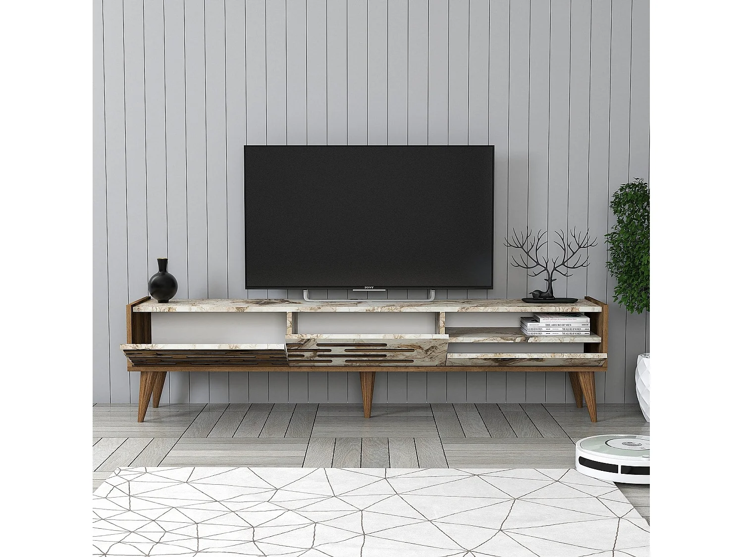 Eleganter TV-Ständer – 180 x 35 x 45 cm – Walnuss und Weiß – Melamin