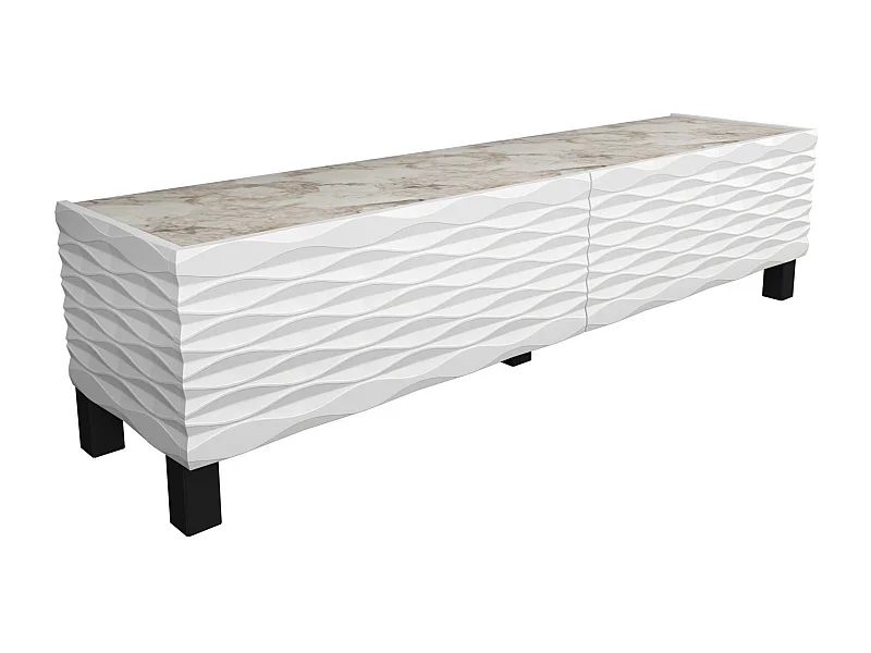 Meuble TV design 2 portes basculantes Vanoise 149cm Blanc et Blanc effet marbre