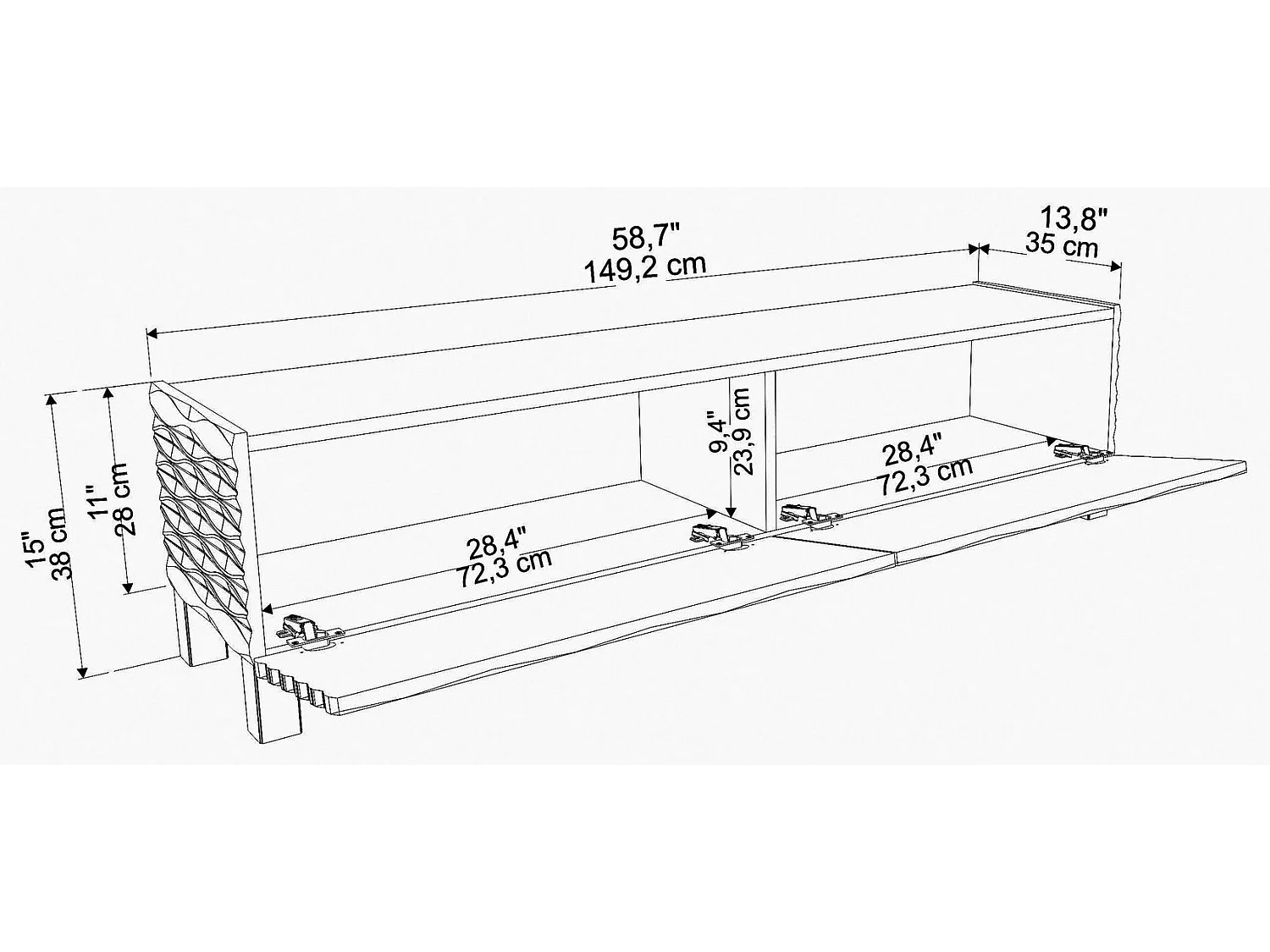 Meuble TV design 2 portes basculantes Vanoise 149cm Blanc et Blanc effet marbre