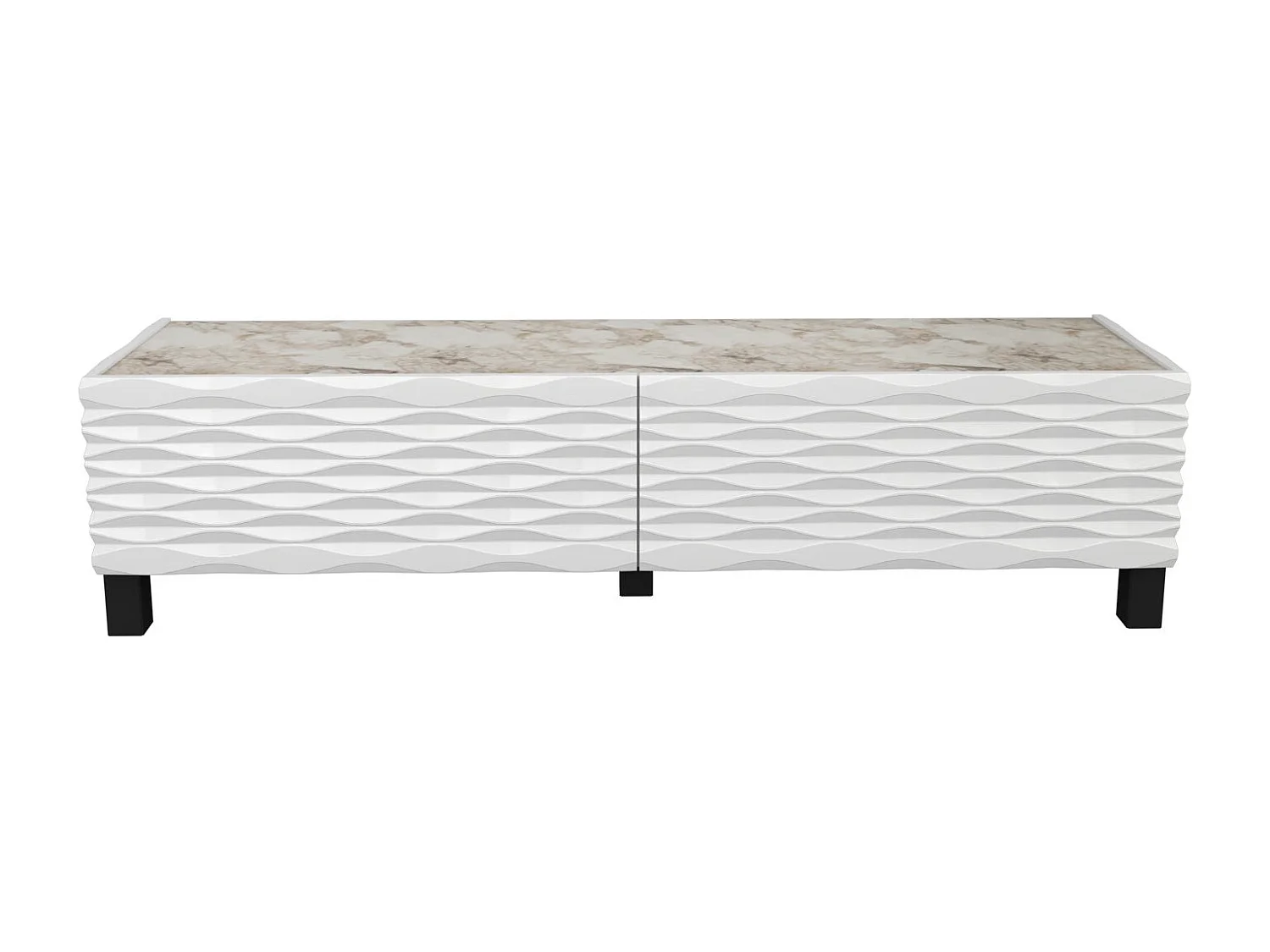 Meuble TV design 2 portes basculantes Vanoise 149cm Blanc et Blanc effet marbre