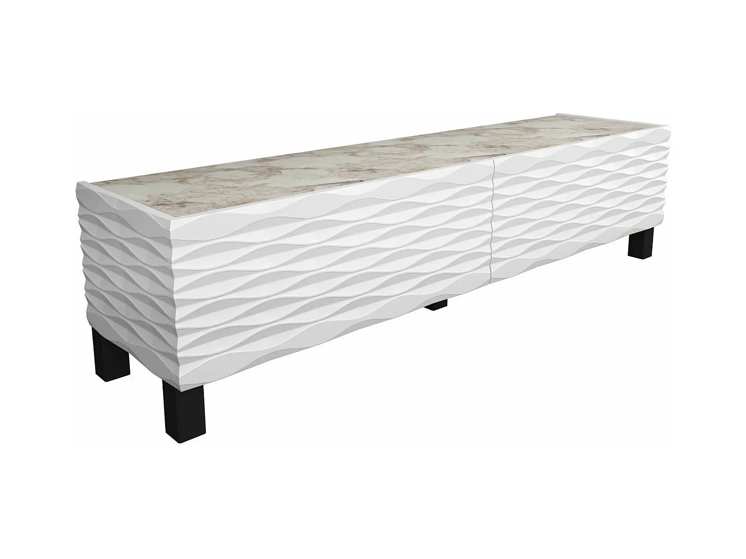 Meuble TV design 2 portes basculantes Vanoise 149cm Blanc et Blanc effet marbre