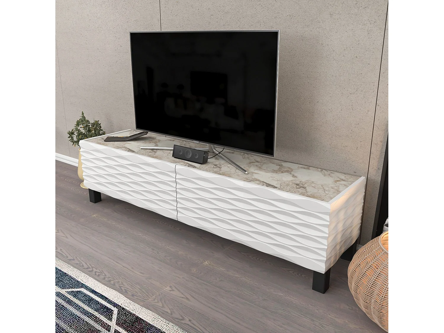 Meuble TV design 2 portes basculantes Vanoise 149cm Blanc et Blanc effet marbre