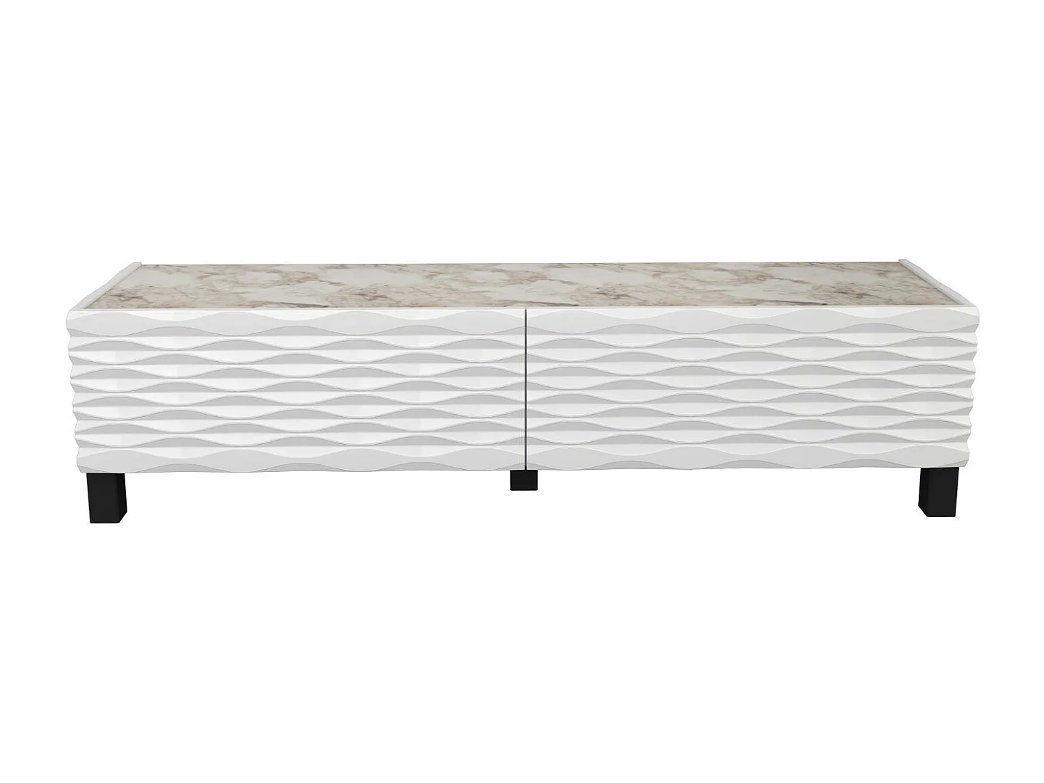 Meuble TV design 2 portes basculantes Vanoise 149cm Blanc et Blanc effet marbre