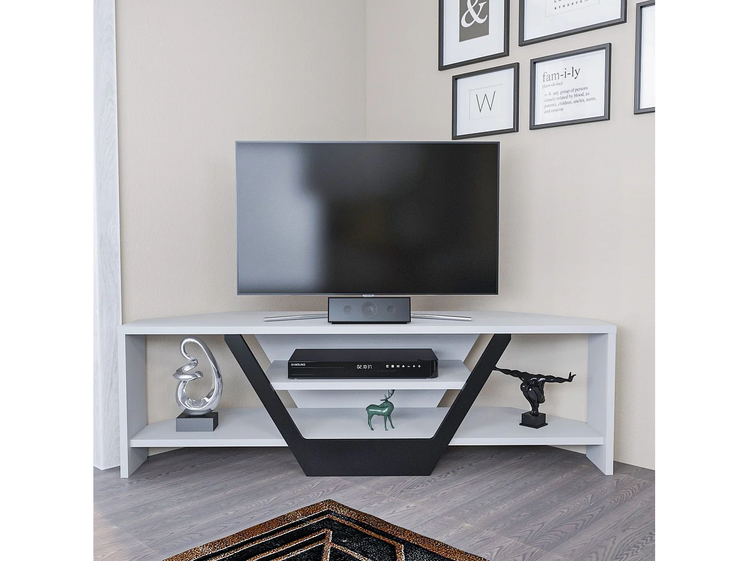 Eleganter TV-Ständer, 120 cm breit, weiß und schwarz, 100 % melaminbeschichtete Spanplatte, 18 mm stark | Modernes Design für Wohn- und Entertainmenträume