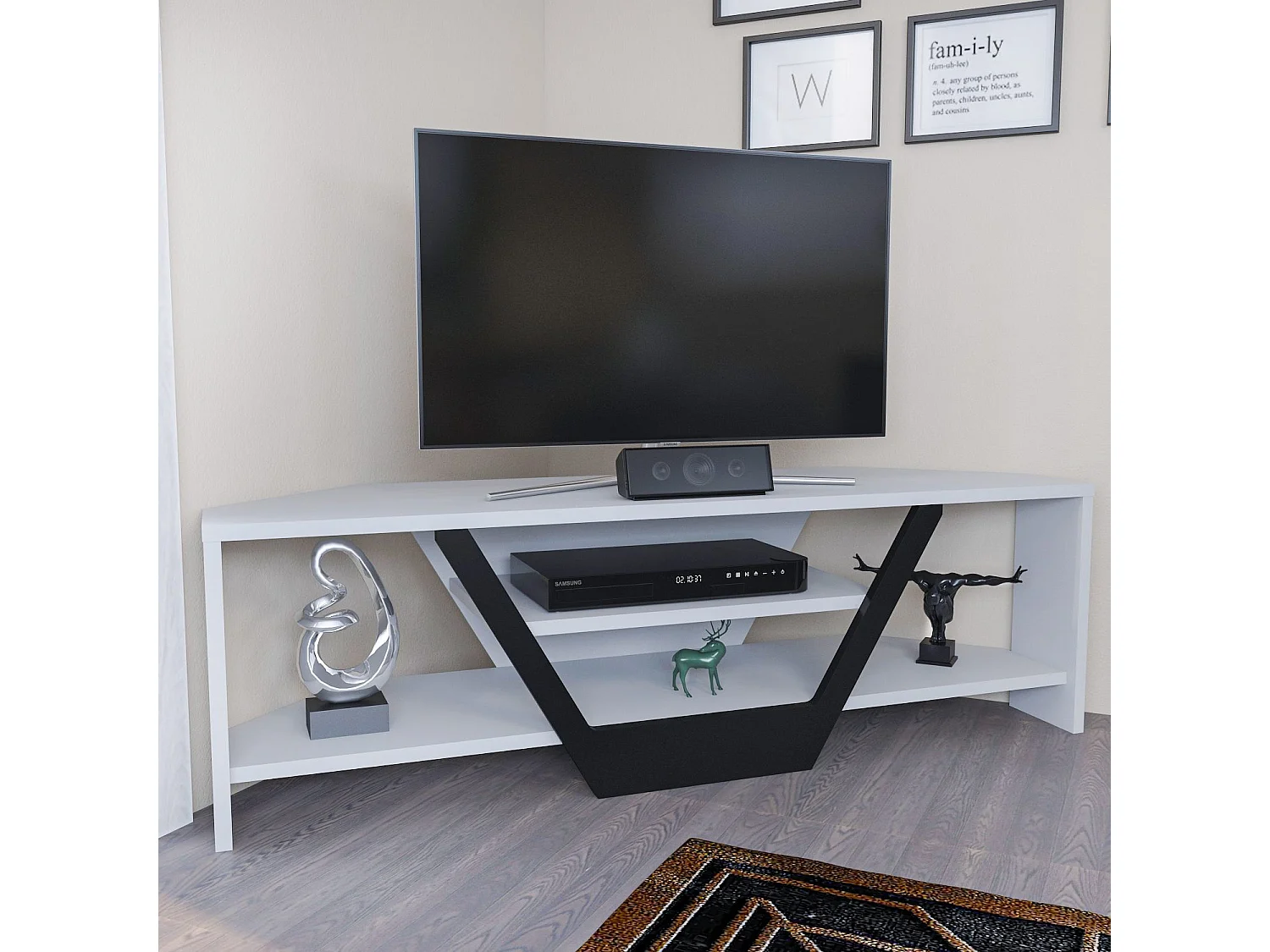 Eleganter TV-Ständer, 120 cm breit, weiß und schwarz, 100 % melaminbeschichtete Spanplatte, 18 mm stark | Modernes Design für Wohn- und Entertainmenträume