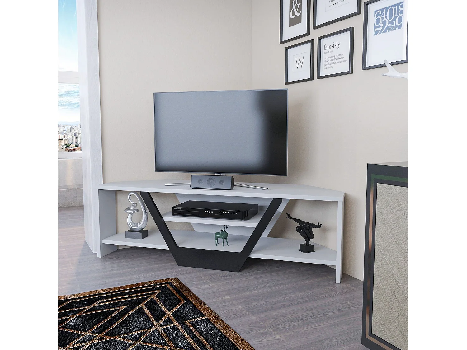 Eleganter TV-Ständer, 120 cm breit, weiß und schwarz, 100 % melaminbeschichtete Spanplatte, 18 mm stark | Modernes Design für Wohn- und Entertainmenträume