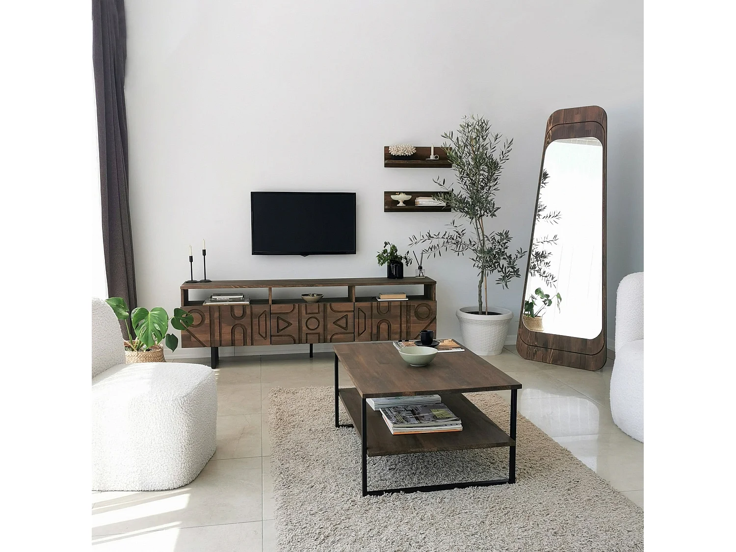 Ensemble meuble TV et 2 étagères murales Khatti Motif Géométrique en relief Bois foncé