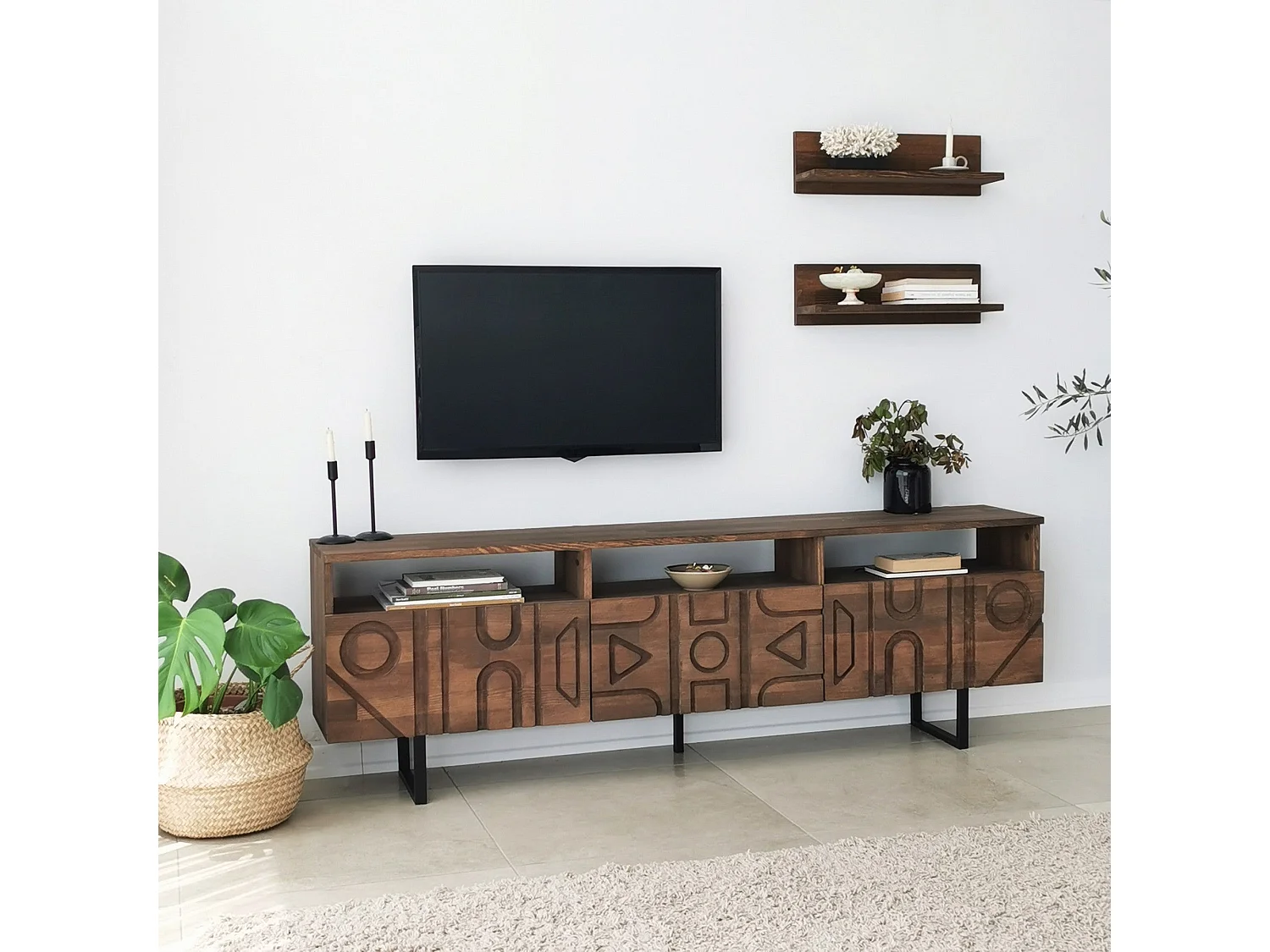 Ensemble meuble TV et 2 étagères murales Khatti Motif Géométrique en relief Bois foncé