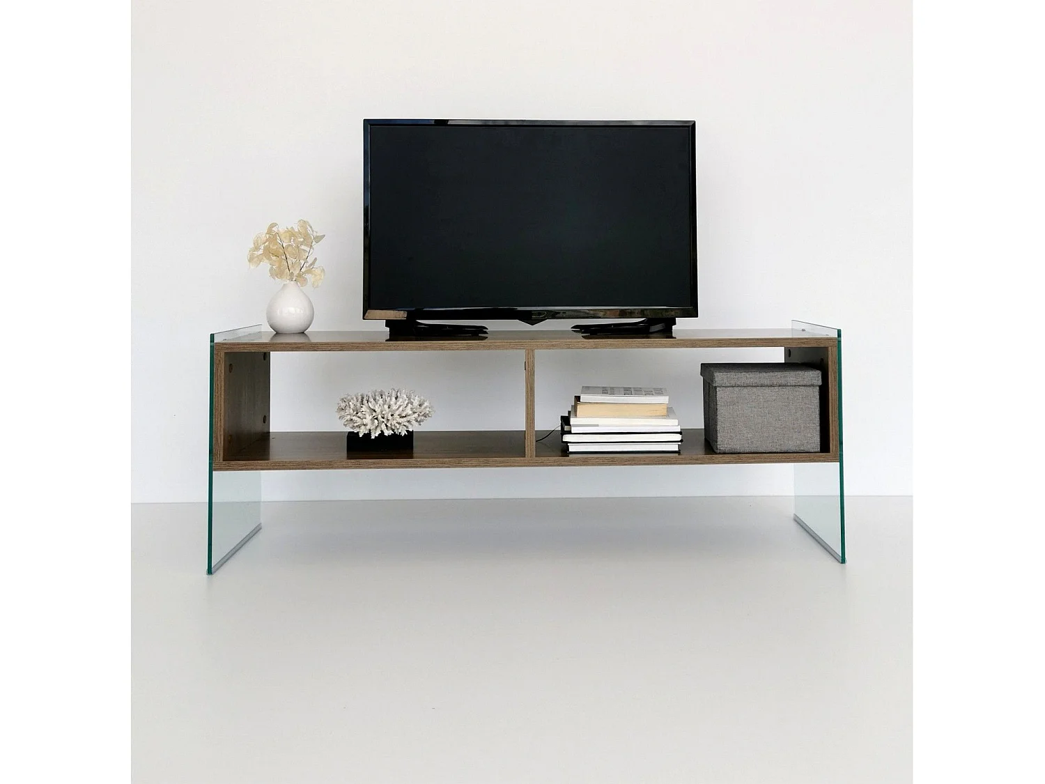 Meuble TV 2 étagères Doris L120xH35cm Bois foncé et Verre trempé Transparent